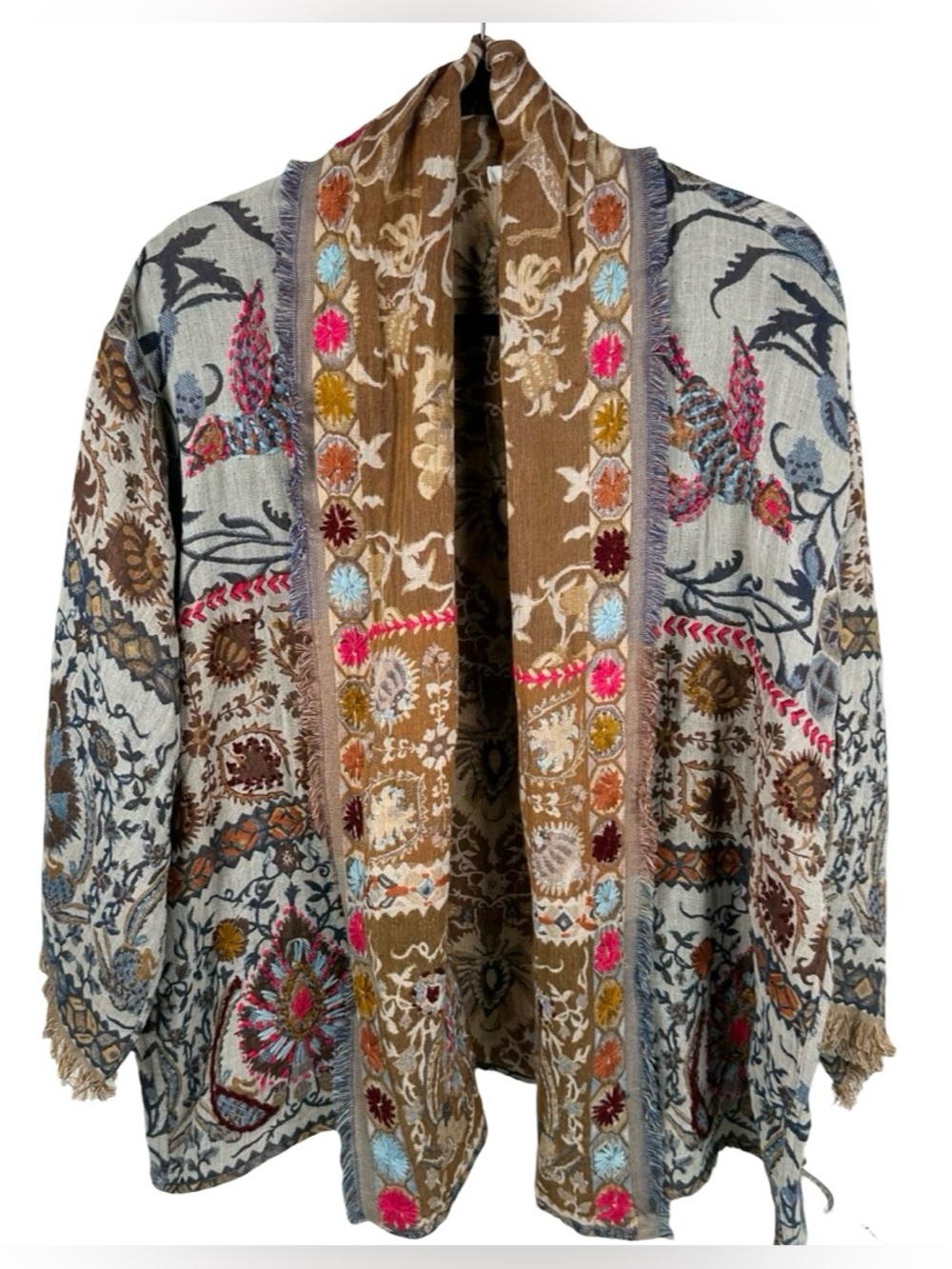 Pure Jill Woven Cotton Tapestry Print Bohemian Fringe Open Cardigan Size M/L